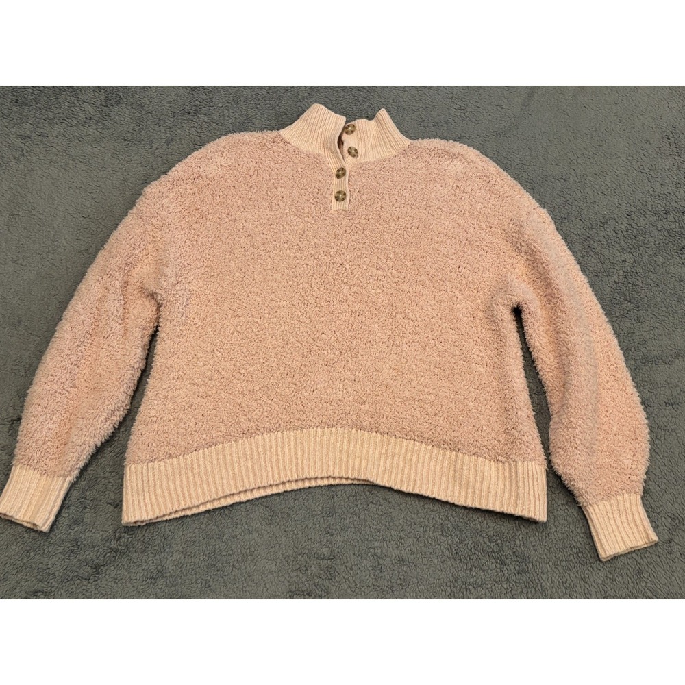 American Eagle Pink Sherpa Pullover Sweater Womens Small 1/4 Button Mock Neck